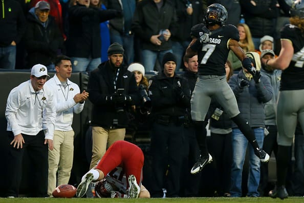 BOULDER, CO - NOVEMBER 19: Defensive back Nick Fisher #7 of the Colorado Buffaloes celebrates after tackling wide receiver Kyle Sweet #17 of the Washington State Cougars on fourth down short of a first down during the fourth quarter at Folsom Field on November 19, 2016 in Boulder, Colorado. Colorado defeated Washington State 38-24. (Photo by Justin Edmonds/Getty Images)