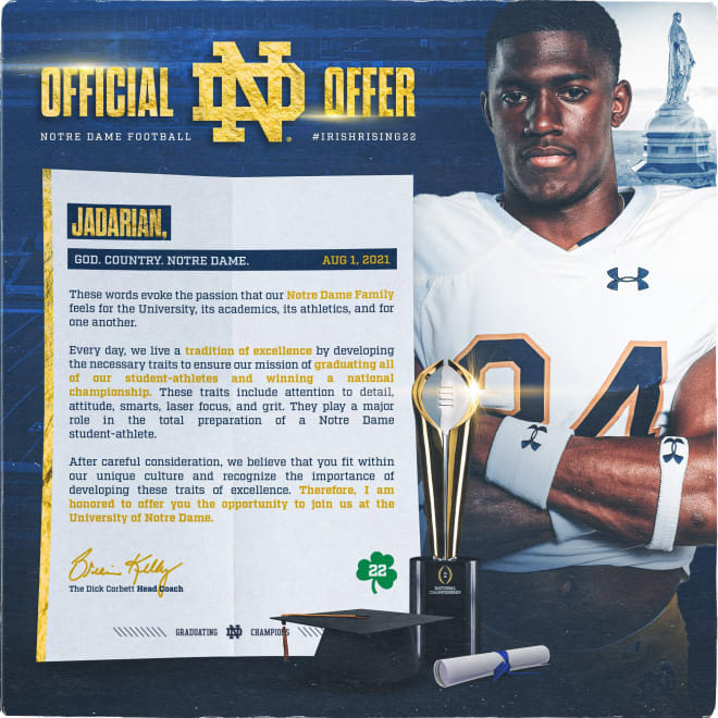 The official offer letter for Notre Dame running back commit Jadarian Price.