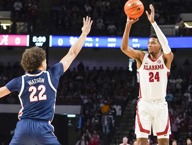 Alabama Crimson Tide forward Brandon Miller (24) shoots against Gonzaga Bulldogs forward Anton Watson (22) during the first half at Legacy Arena at BJCC. Photo | Marvin Gentry-USA TODAY Sports