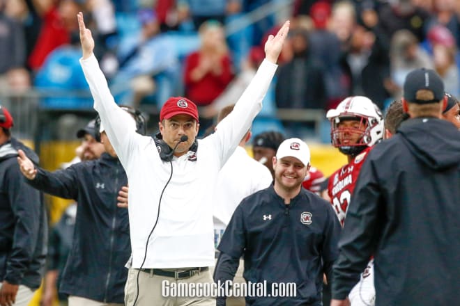 Shane Beamer celebrates a touchdown in the Mayo Bowl.