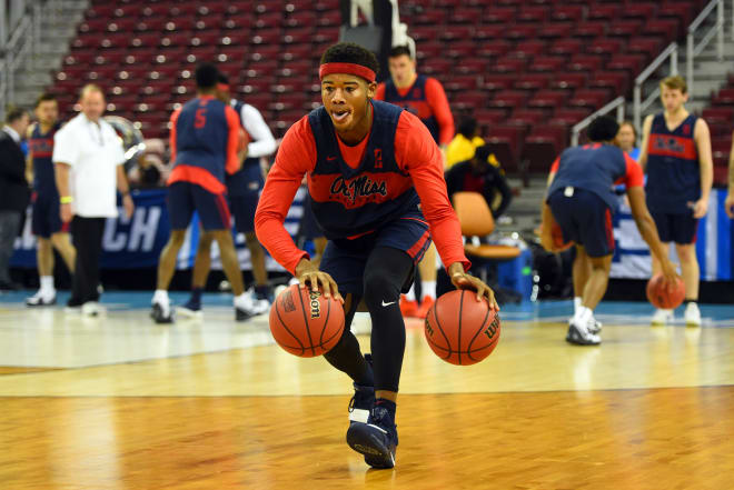 Ole Miss guard Devontae Shuler goes through drills during practice Thursday at Colonial Life Arena.