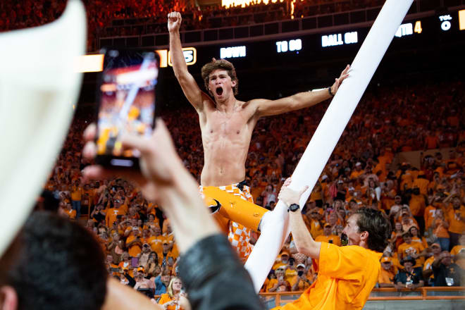 Tennessee fans celebrate following the Vols' 52-49 win over Alabama on Oct. 15, 2022.