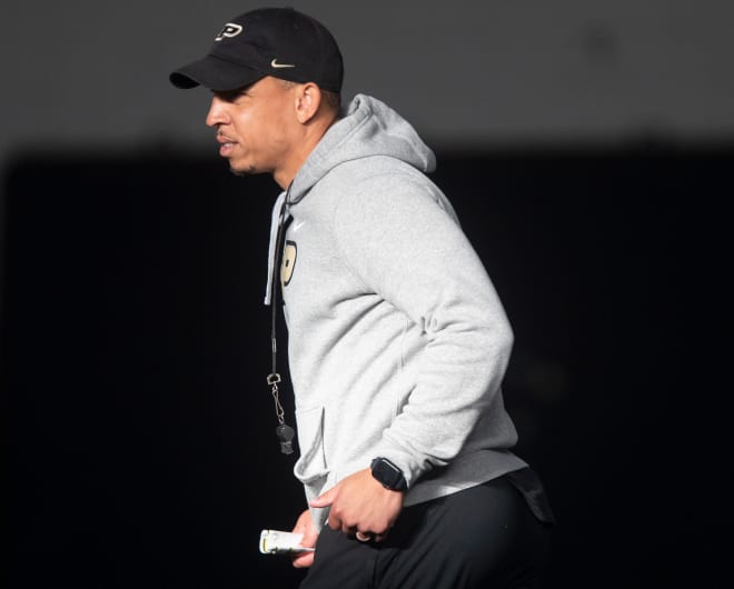 Purdue Boilermakers head coach Ryan Walters jogs down field during Purdue football practice, Tuesday, March 19, 2024, at Mollenkopf Athletic Center in West Lafayette, Ind.