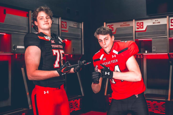 2021 Argyl OL Jack Tucker (left) poses with his brother, Wes (right), during Jack's visit to Texas Tech. (Photo by Texas Tech Athletics)