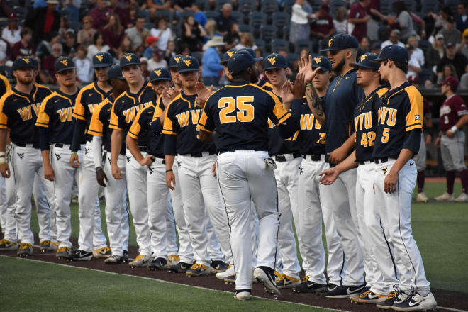 The West Virginia Mountaineers baseball team prior to their regional game against Fordham on May 31. (Photo by Patrick Kotnik)
