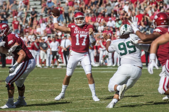 Nick Starkel was at quarterback when Arkansas let the clock expire in the first half.
