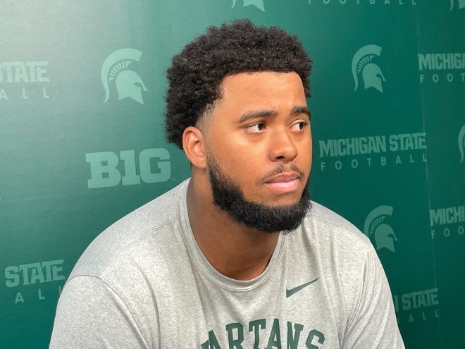 Michigan State offensive lineman Kevin Wigenton II speaks to the media on Oct. 10, 2023.