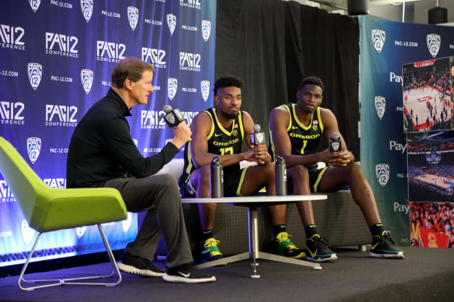 From left, Oregon coach Dana Altman, forward Quincy Guerrier and center N'Faly Dante at Pac-12 Basketball Media Day on Wednesday in San Francisco.