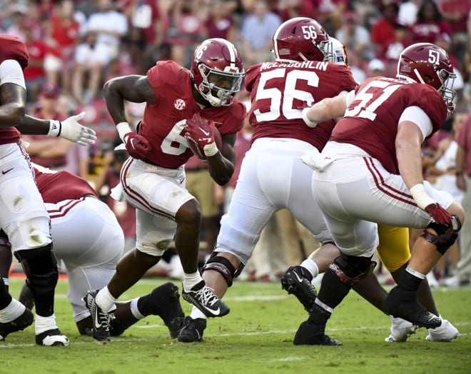 Alabama running back Trey Sanders (6) runs the ball against the UL Monroe Warhawks at Bryant-Denny Stadium. Alabama won 63-7. Photo | Gary Cosby Jr.-USA TODAY Sports