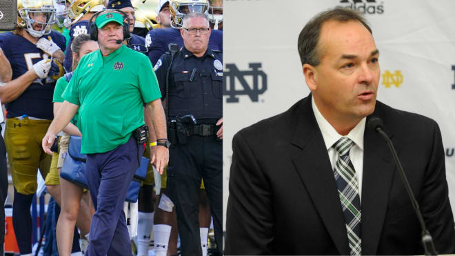 Notre Dame's viability as a national title contender allegedly sent Brian Kelly (left) to LSU and delivered Mike Denbrock (right) from LSU to ND.
