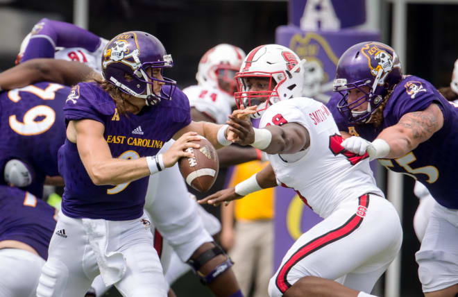 NC State Wolfpack football defensive end James Smith-Williams plays against East Carolina.