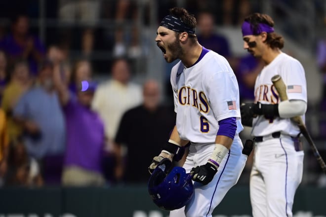 LSU right fielder Brayden Jobert celebrates his eighth-inning solo homer that eventually gave the Tigers a 6-5 win over Oregon State in Sunday's NCAA tournament Baton Rouge Regional in Alex Box Stadium.