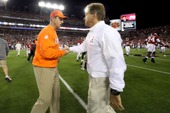  Dabo Swinney (left) and Nick Saban (Right) have met in each of the last two National Title games | (Photo by Kevin Jairaj - Handout/Getty Images)