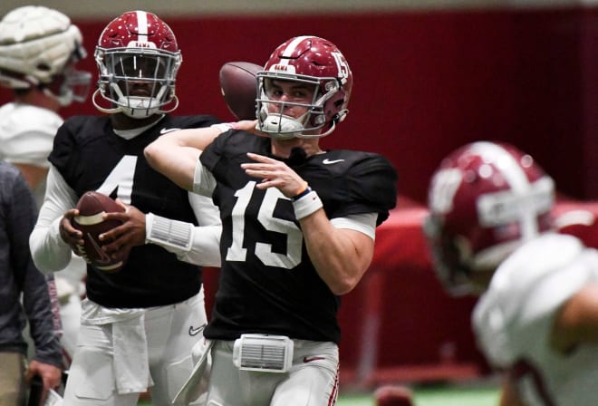 Alabama quarterback Ty Simpson (15) throws during practice in the Hank Crisp Indoor Practice Facility at the University of Alabama. Photo | Gary Cosby Jr.-Tuscaloosa News / USA TODAY NETWORK