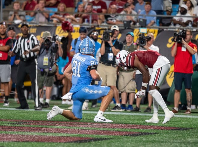 UNC tight end John Copenhaver has two touchdowns this season, both after breaking his right hand in the opener.