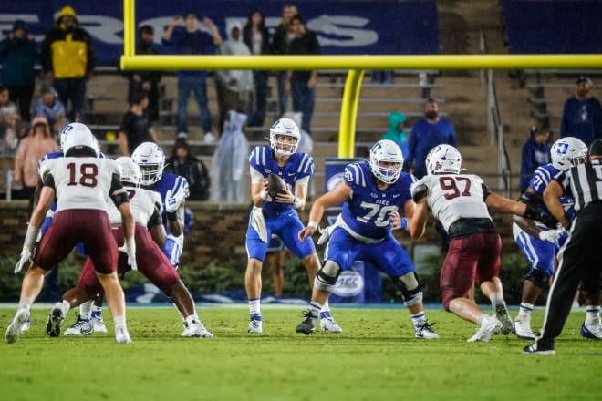 Riley Leonard takes a snap behind an offensive line that hasn't allowed a sack this season. 