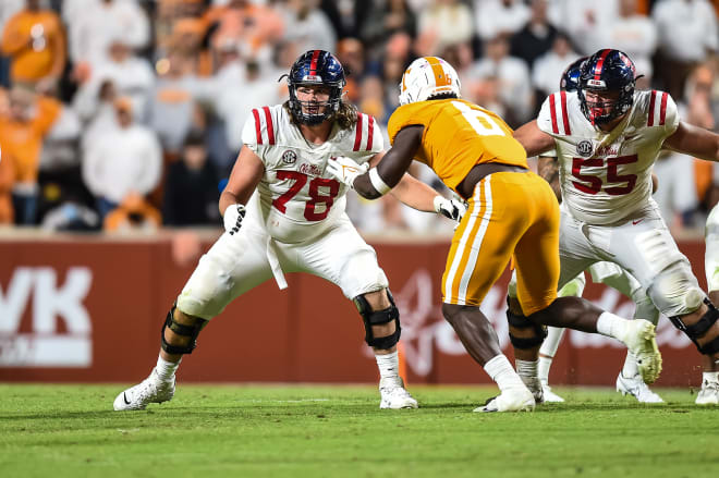 Ole Miss tackle Jeremy James, shown here in a 2021 win over Tennessee, will lead the Rebels' offensive line into its stiffest test of the season thus far when No. 7 Kentucky invades Oxford Saturday.