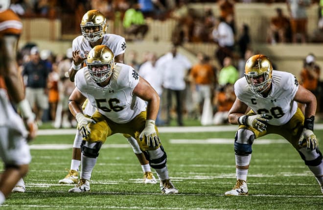 Returning guard Quenton Nelson (56) and tackle Mike McGlinchey (68) on the left side of the offensive line is crucial to 2017 Irish hopes.
