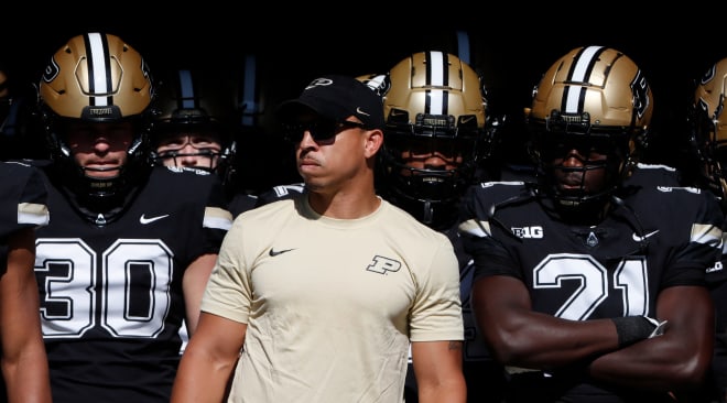 Purdue Boilermakers head coach Ryan Walters waits to take the field ahead of the NCAA football game against the Illinois Fighting Illini, Saturday, Sept. 30, 2023, at Ross-Ade Stadium in West Lafayette, Ind. Purdue Boilermakers won 44-19.