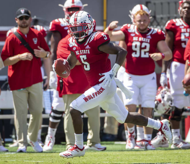 NC State fifth-year senior wide receiver Tabari Hines caught four passes for 74 yards and a touchdown in the 34-6 win over East Carolina on Saturday.