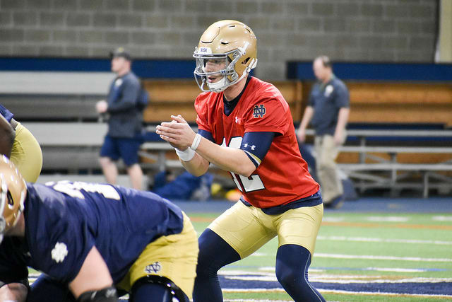 Notre Dame fifth-year senior quarterback Ian Book at practice
