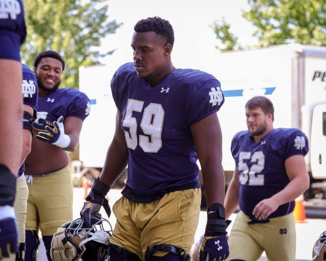 Junior-to-be Aamil Wagner (58) looks to add bulk to an athletic build at offensive tackle for Notre Dame.
