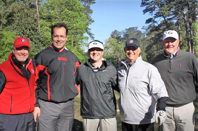 Jim Hickey (second from left) and other UGA football lettermen, including head coach Kirby Smart, at a recent golf outing.