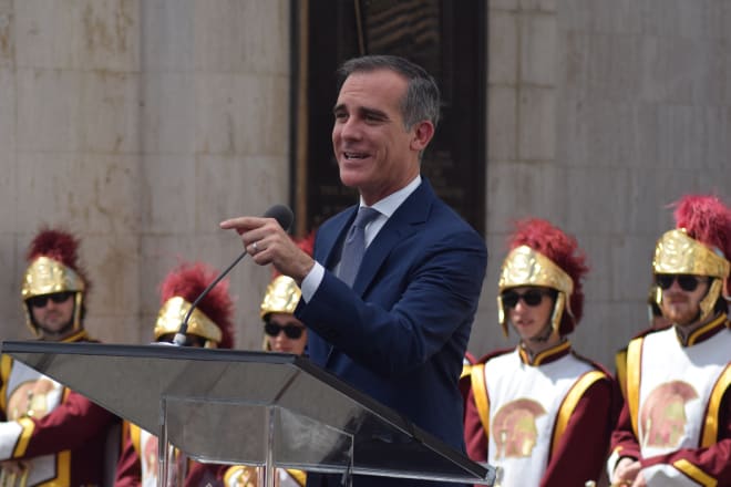 Los Angeles Mayor Eric Garcetti speaking before the official ribbon-cutting at the unveiling of the renovated Coliseum.