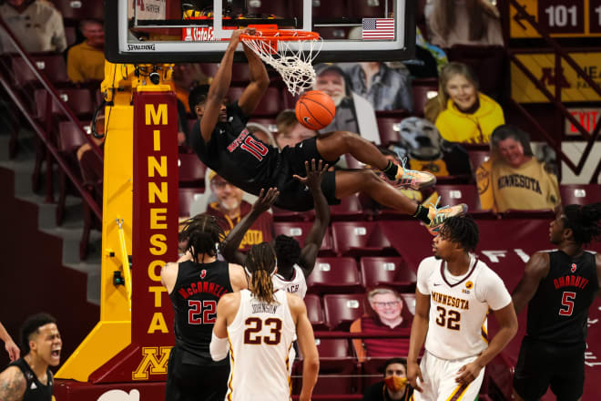 Mar 6, 2021; Minneapolis, Minnesota, USA; Rutgers Scarlet Knights guard Montez Mathis (10) dunks the ball against the Minnesota Golden Gophers at Williams Arena.