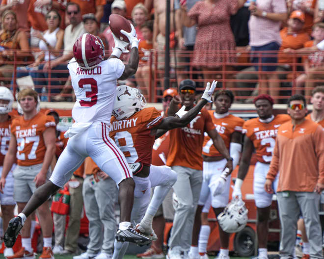 Alabama defensive back Terrion Arnold (3) jumps to intercept a pass over Texas wide receiver Xavier Worthy (8) during the game at Royal Memorial Stadium on Sep. 10, 2022. Photo | Aaron E. Martinez/Austin American-Statesman-USA TODAY NETWORK