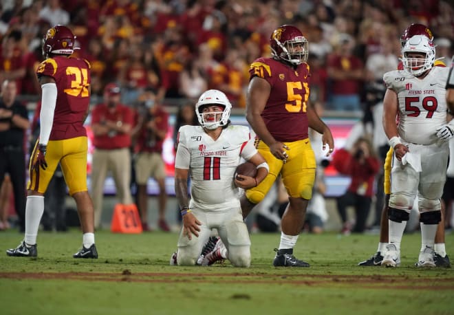 USC kept Fresno State QB Jorge Reyna under consistent pressure Saturday night, but he did manage to rush for 88 yards.