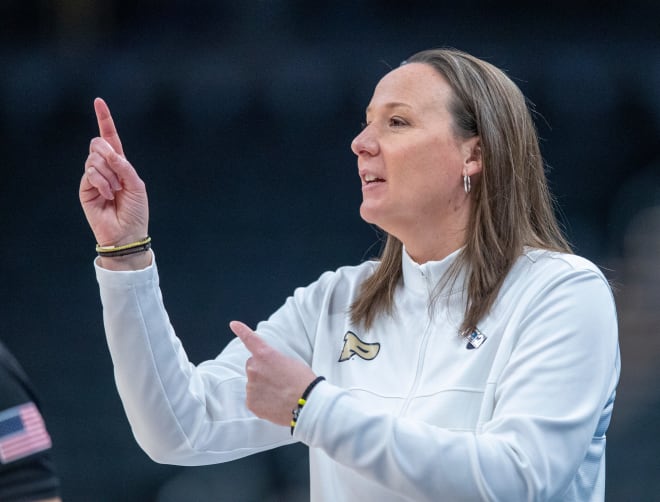 Purdue Boilermakers head coach Katie Gearlds during action against Michigan State Spartans, Thursday, March 3, 2022, during women s Big Ten tournament action from Gainbridge Fieldhouse in Indianapolis. Purdue lost 69-73.