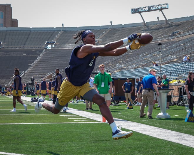 Freshman Tobias Merriweather warmed up against Marshall on Saturday but has yet to see game action for the Irish.