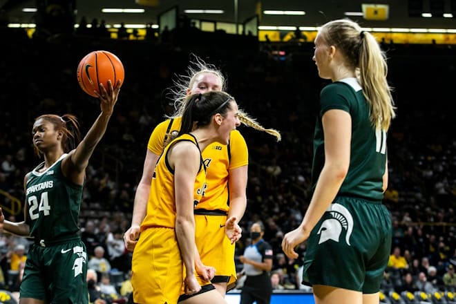 Iowa guard Caitlin Clark reacts after getting fouled during a NCAA Big Ten Conference women's basketball game against Michigan State, Sunday, Dec. 5, 2021, at Carver-Hawkeye Arena in Iowa City, Iowa.