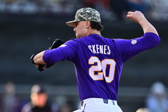 LSU pitcher Paul Skenes improved his record to 5-0, striking out 11 in the Tigers' 9-0 SEC opening win at Texas A&M Friday night. Skenes is the NCAA Division 1 leader in strikeouts with 59 K's in 30.1 innings.