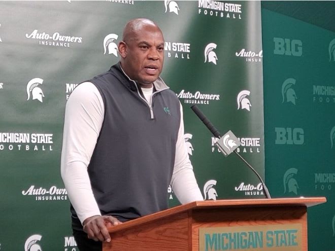 Michigan State head football coach Mel Tucker speaks to media
