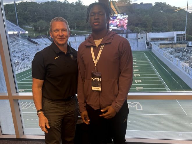 Army Head Coach Jeff Monken with 3-Star LB prospect Daniel Adefolarin during Friday's KOTH visit