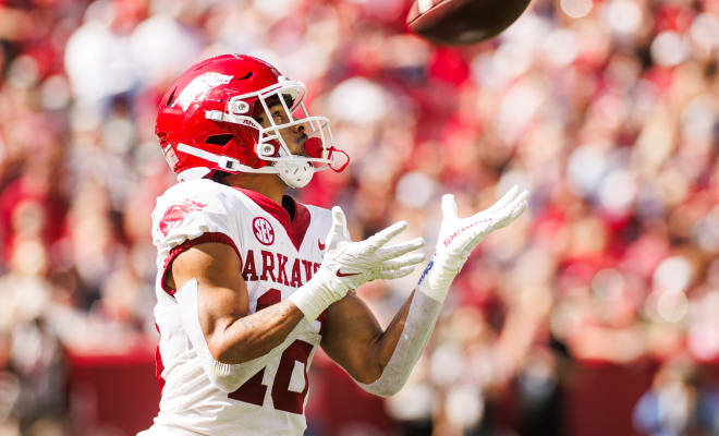 Arkansas wide receiver Isaiah Sategna goes to catch a pass during a loss at Alabama on Oct. 14.