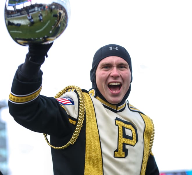 Purdue Boilermaker band member cheers after the Boilermakers score a touchdown during the NCAA football game, Saturday, Nov. 19, 2022, at Ross-Ade Stadium in West Lafayette, Ind. 