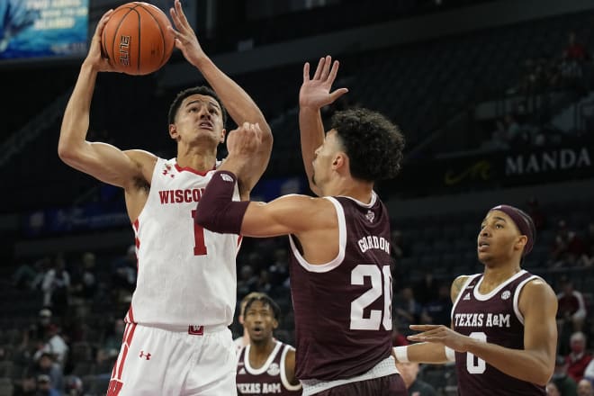 Wisconsin guard Johnny Davis goes up for a shot against Texas A&M in the Maui Invitational. He averaged 23.7 points over the tournament.