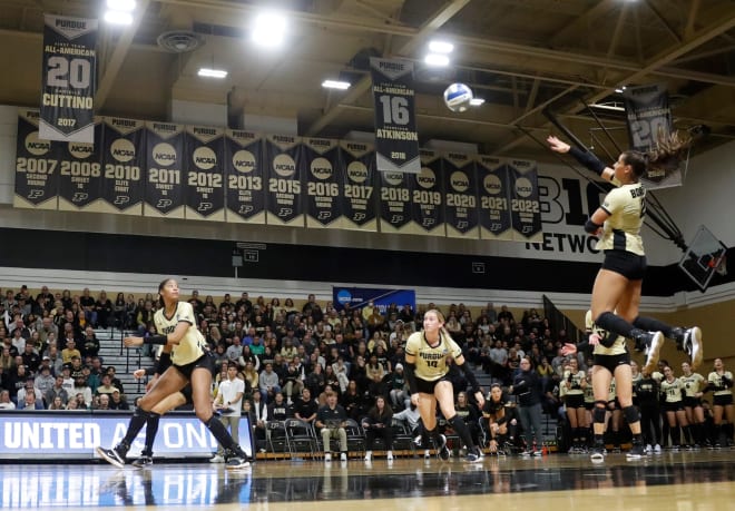 Purdue outside hitter Chloe Chicoine (2) hits the ball during the NCAA Women s Volleyball Tournament match against the Fairfield, Thursday, Nov. 30, 2023, at Holloway Gymnasium in West Lafayette, Ind. Purdue won 3-0.