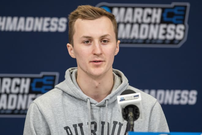Mar 21, 2024; Indianapolis, IN, USA; Purdue Boilermakers guard Fletcher Loyer (2) talks to the media during the practice day at Gainbridge FieldHouse. Mandatory Credit: Trevor Ruszkowski-USA TODAY Sports