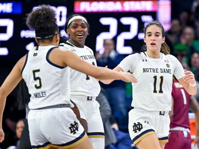 Notre Dame will need Sonia Citron, right, and KK Bransford, middle, to play significant roles if Olivia Miles, left, can't return from a knee injury.