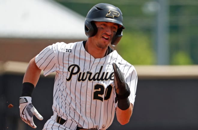 Purdue Boilermakers outfielder Couper Cornblum (20) rounds second base during the NCAA baseball game against the Indiana Hoosiers, Sunday, May 5, 2024, at Alexander Field in West Lafayette, Ind.