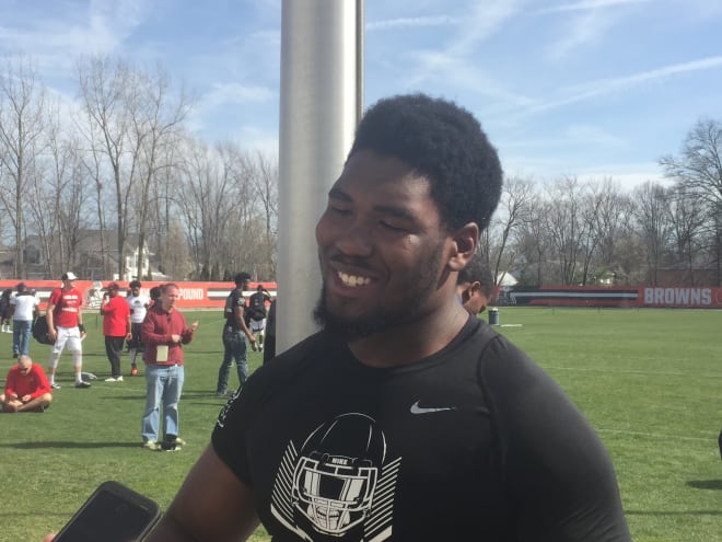 Sophomore defensive tackle Jowon Briggs talking with the media following Sunday's Nike Football's The Opening Regional Cleveland.