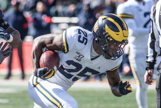 Michigan Wolverines football redshirt freshman running back Hassan Haskins' 7.3 yards per carry lead the team this season, while his 189 rushing yards check in second.