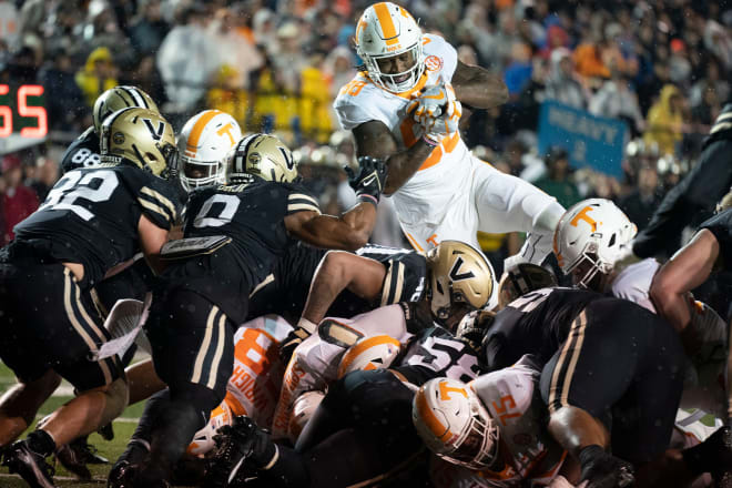 Princeton Fant leaps over the Vanderbilt defense for a first quarter touchdown on Saturday at FirstBank Stadium. 