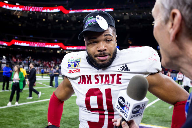 Jacksonville State Gamecocks defensive lineman Chris Hardie (91) talks to the media after the game against the Louisiana-Lafayette Ragin Cajuns at the Caesars Superdome. Mandatory Credit: Stephen Lew-USA TODAY Sports
