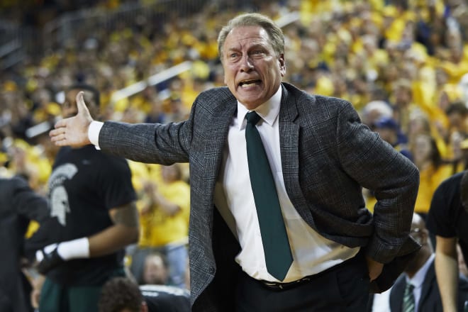 Michigan State Spartans head coach Tom Izzo whines about a call at Crisler Center in 2017.