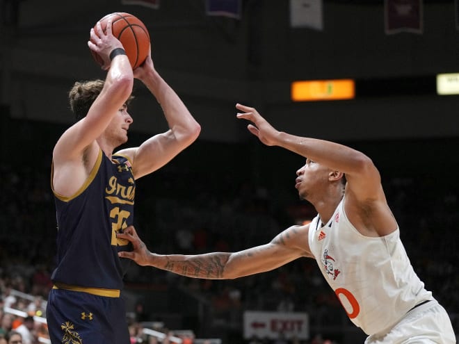 Notre Dame guard J.R. Konieczny (left) led a struggling Irish offense with 14 points against Miami.